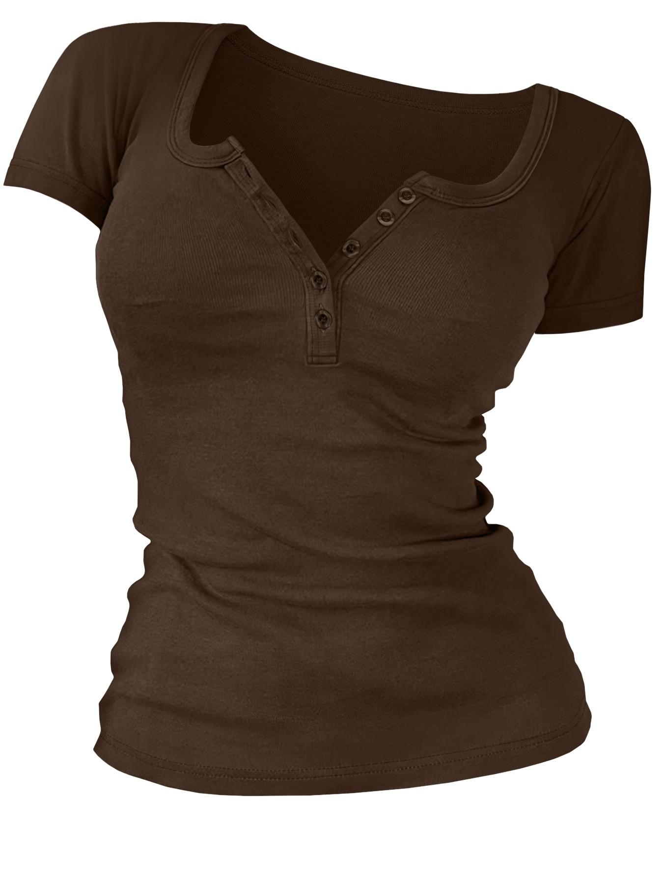 Women's Solid Color Button V-Neck Tee, Casual Short-Sleeve T-Shirt Top for Summer Daily Wear, Ladies Clothes
