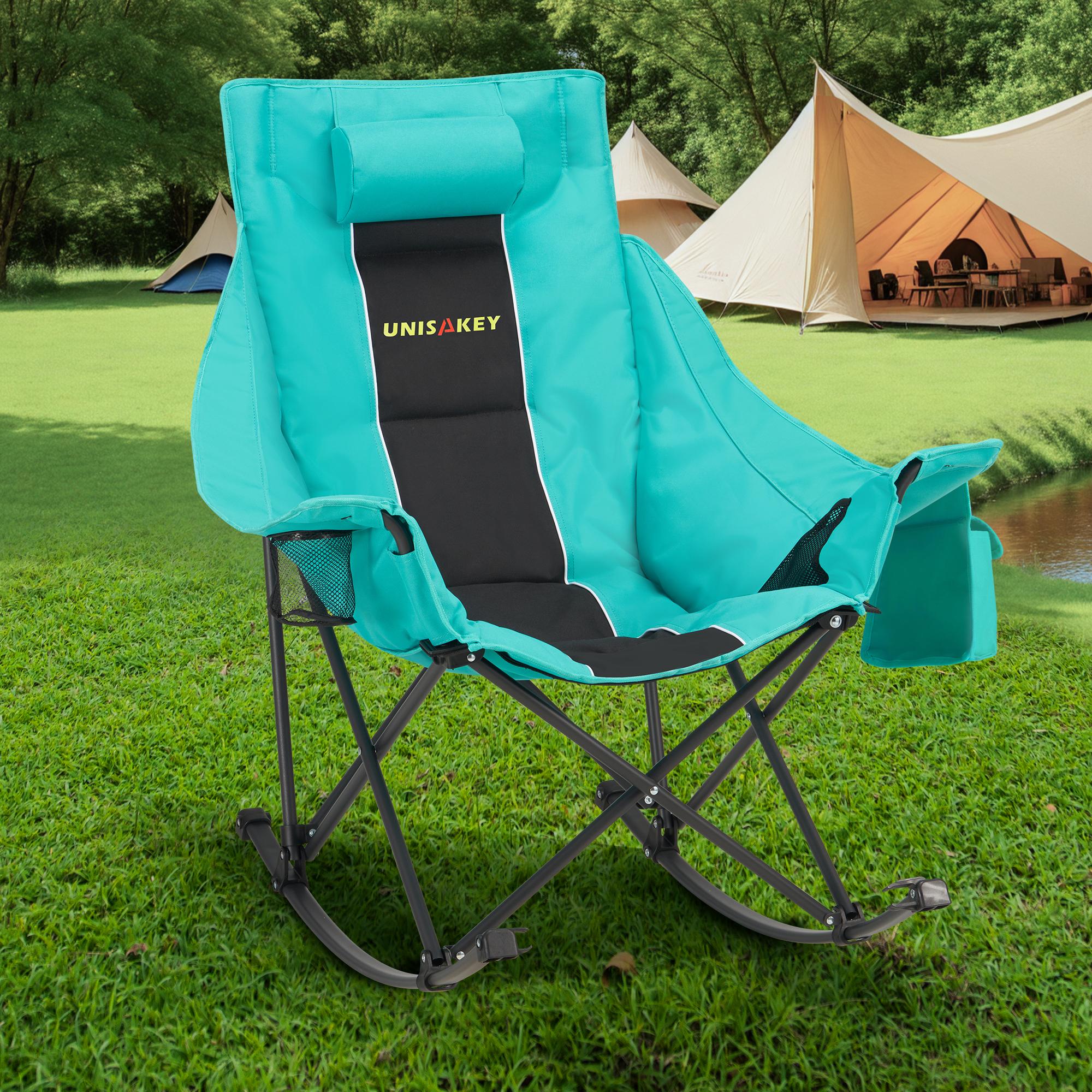 Oversized Rocking Camping Chair with Headrest & Cup Holder - 400lbs Capacity, 600D Oxford Fabric, Easy Fold Portable Outdoor Rocker Chair for Camping, Backyard, Beach, Green