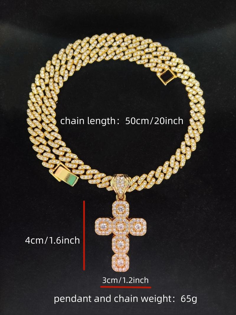 Hip Hop Artificial Diamond Cross Pendant Necklace As Gift, Rhinestone Cuban Chain Link Necklace for Men Women, Streetwear Matching Chunky Rhinestone Decorated Jewelry for Daily, Stylish Accessory, Unique Gifts for Women, Cuban Link Design, Cuban Necklaces
