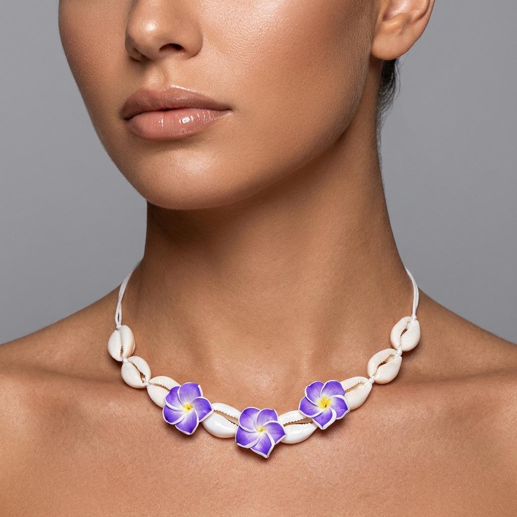 Boho Beach Necklace for Women Handmade Shell and Hibiscus Flower Pendant Summer Vacation Jewelry Tropical Resort Accessory Lightweight Bohemian Style Necklace