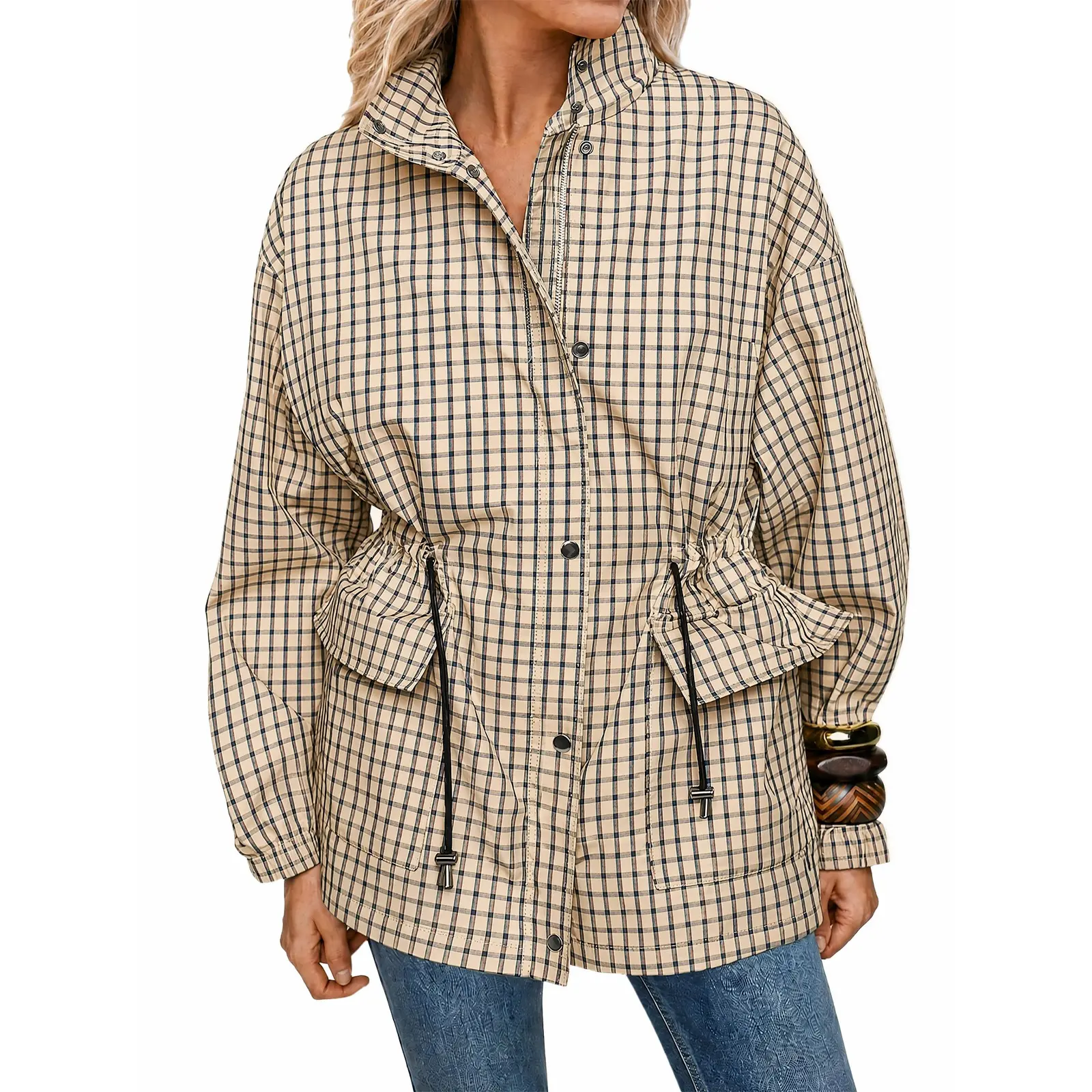 Tankaneo Women's Gingham Zipper Barn Jacket - Loose Fit, Windproof Tops with Drawstring, Button, Check Cargo Design, Ideal for Thanksgiving Outdoors, Easy to Pair with Bottoms, Trench Coat, Chic