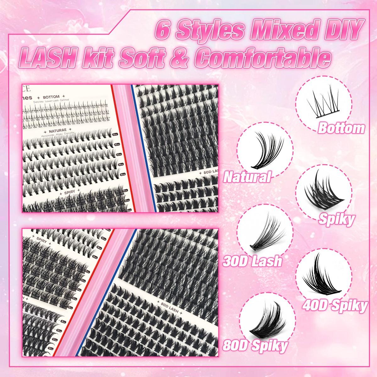 6 Styles Mixed DIY False Eyelash Extension Kit, Bottom Natural, Thick Spikes Lash Clusters with Bond and Seal, Tweezers Mixed Lengths Individual Cluster Lashes for Daily Use, Cat Eye Lashes, Reusable & Beginner Friendly, Beginner Friendly Eyelashes