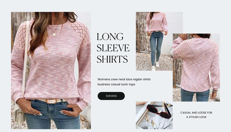 Shewin 2026 Cozy Cottagecore Knit Sweatshirt Waffle Lace Trim Crewneck Long Sleeve Loose Fit Pullover for Daily Casual Chic Feminine Outfits - Clothes