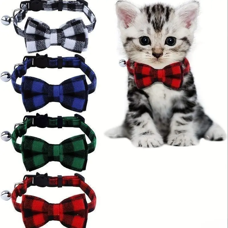 4-Pack Plaid Polyester Cat Collars with Detachable Bow Tie and Bell, Adjustable 7.5-12in Breakaway Set for Kittens and Cats, Plaid Print polish kit