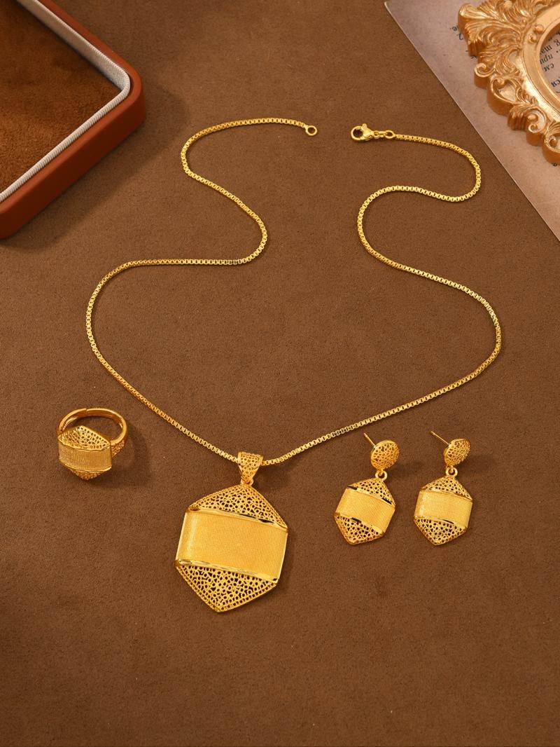 24k Gold Plated Jewelry Set, 4 Piece Gift Box House Shaped Copper Wedding Banquet Jewelry, Women's Necklace Earrings Ring Valentine's Day Gift, Matching Jewelry Set