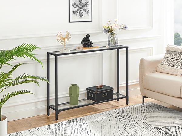 HOOBRO 39.4" Tempered Glass Console Table, Modern Sofa Table, Modern Entryway Table, Narrow Couch Table, Metal Frame, for Living Room, Hallway#springtok