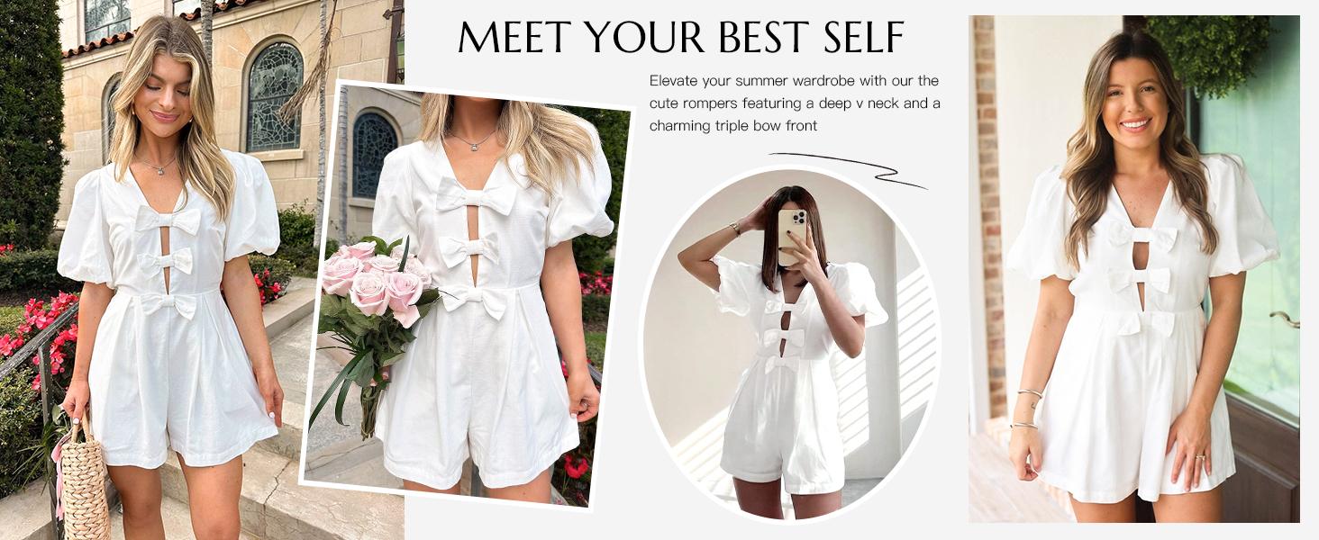 Cicy Bell Women’s Black Triple Bow Front Romper V Neck Puff Sleeve Short Jumpsuit with Pockets Fashionable Summer Outfit Fitted Minimalist Basic Overalls