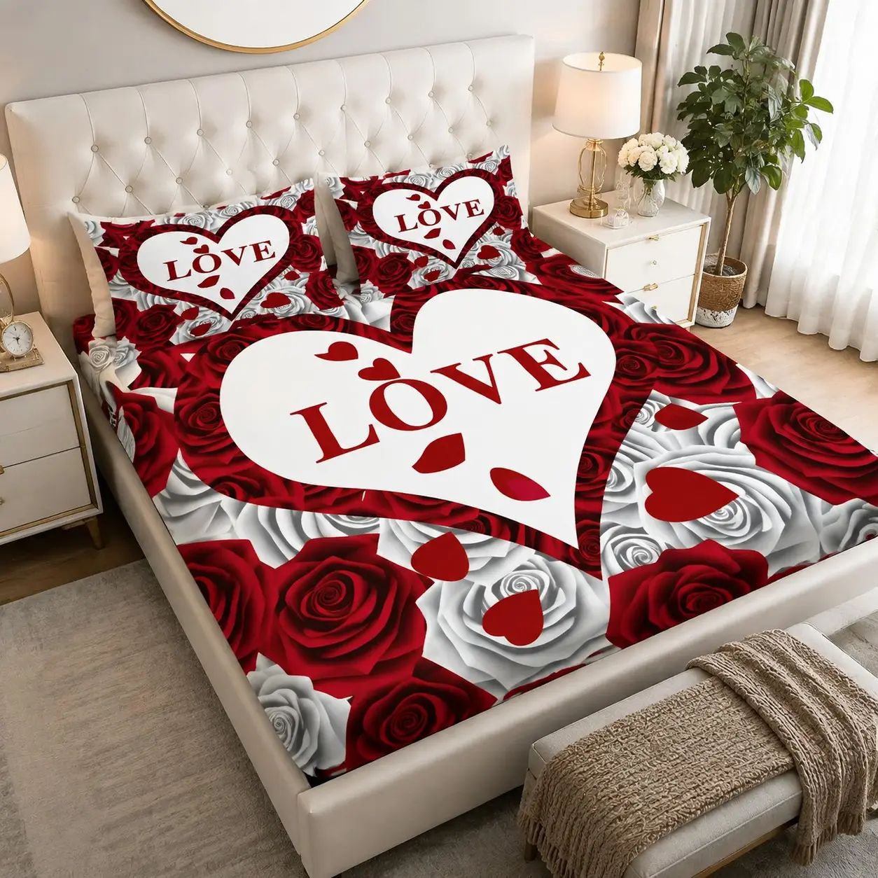 3-Piece Heart Love Print Bedding Set, Soft Fashionable Bed Sheet Sets for Bedroom or Guest Room, Decorative Bedding Set, Printed Bedding Set - Includes 1 Fitted Sheet + 2 Pillowcases