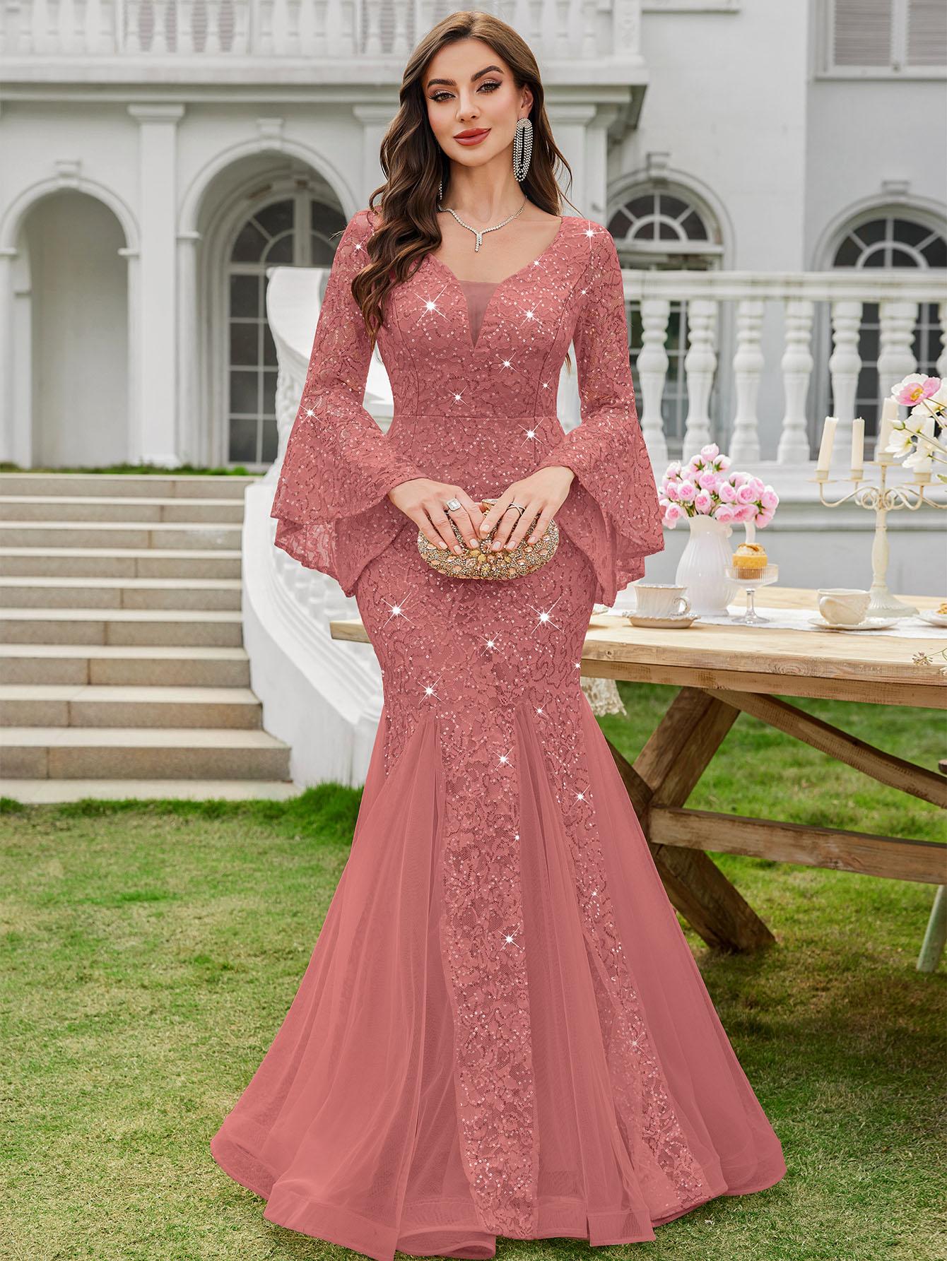 MIUSOL 24351A Women's Deep Vneck Sequin Lace Mesh Tulle Hem Long Sleeve  Formal Evening Maxi Dress for Cocktail Parties & Banquets, Party, Festival Womenswear