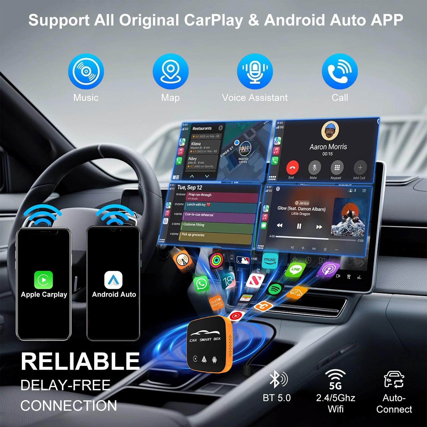 Wireless CarPlay adapter, compatible with iPhone and Android Auto, supports Netflix, AI box with TF card slot, plug-and-play with no installation required, easily set up in-car CarPlay video entertainment, Carplay Car Stereo