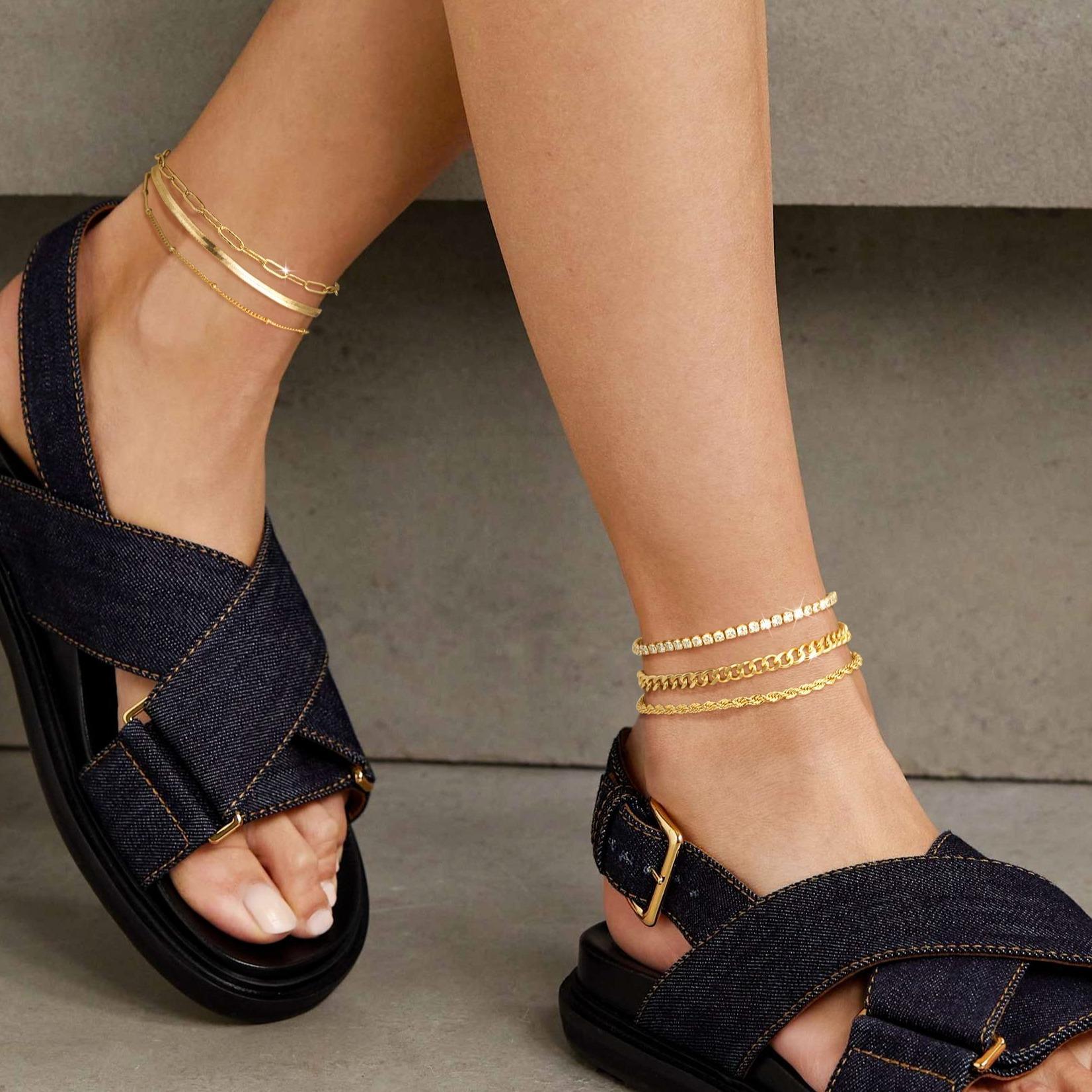 Tewiky 6pcs Anklets For Women Layered Cuban Link Chain Anklets Love Herringbone Cute Anklets Set Summer Beach Jewelry Gift