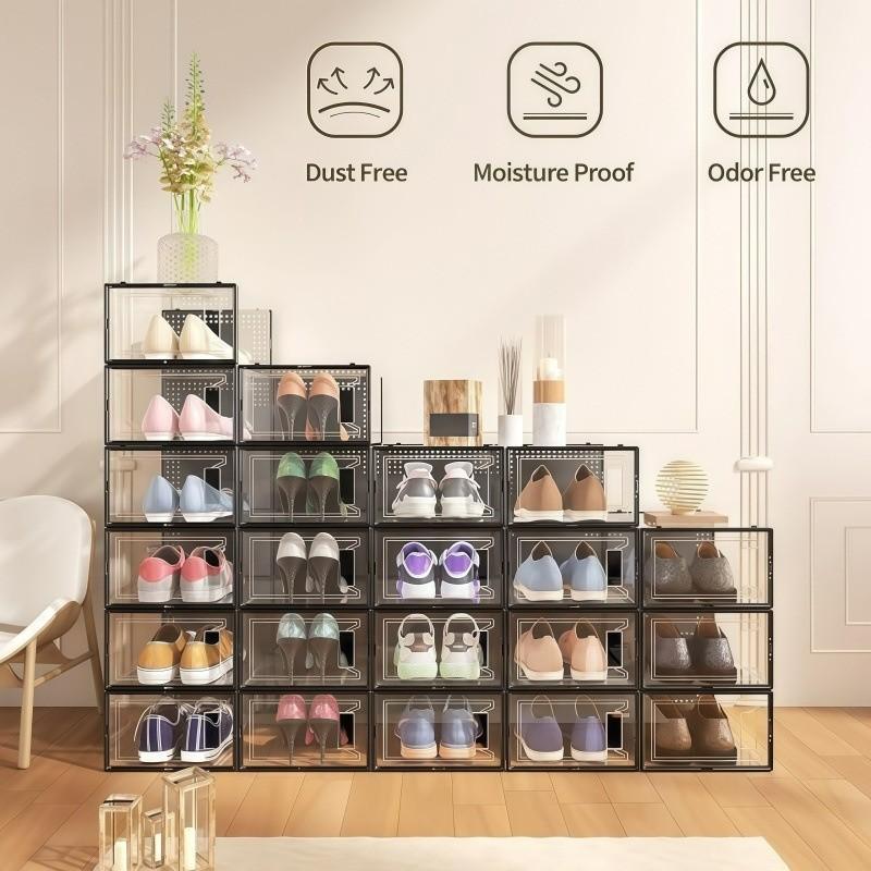 12-Piece Transparent Square Shoe Storage Box Set, Stackable & Boot Organizer, Doorway Shoe Rack Cabinet, Display Case