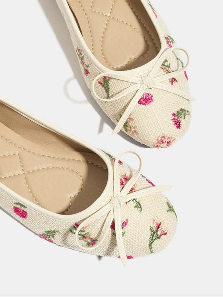 Women's Bowknot Woven Slip-On Ballet Flats, Round Toe Low Heel Embroidered Floral Design, Fashionable Autumn Winter Single Shoes