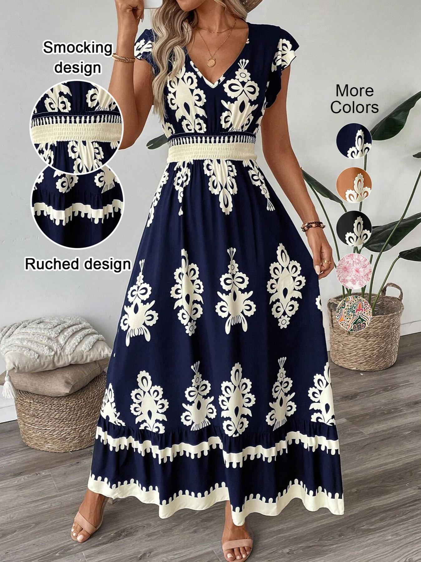 Women's Fitted V Neck Ruffle Hem A-Line Dress, Elegant All Over Print,  Elastic Waist, Woven Fabric, Casual Vacation Wear - TikTok Shop