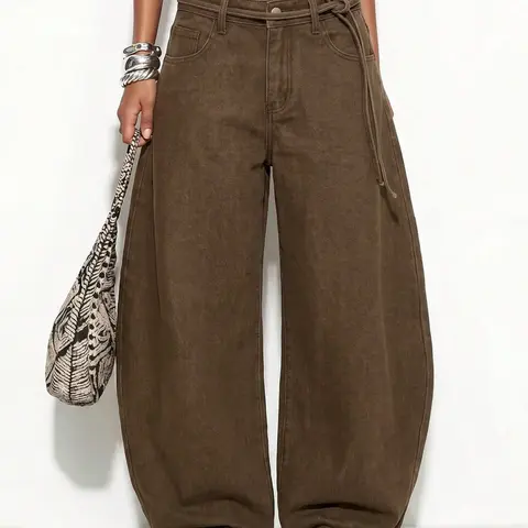 American Vintage Denim Wide Leg Pants for Women, Y2K High Street Loose Fit Dad Pants, Adjustable Tie Waist Straight Leg Casual Long Pants