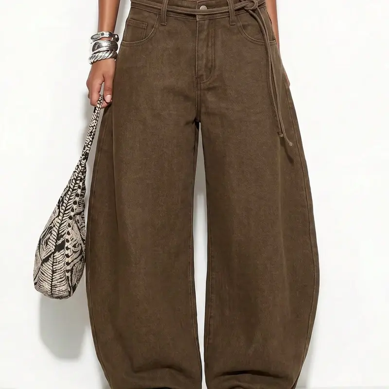 American Vintage Denim Wide Leg Pants for Women, Y2K High Street Loose Fit Dad Pants, Adjustable Tie Waist Straight Leg Casual Long Pants