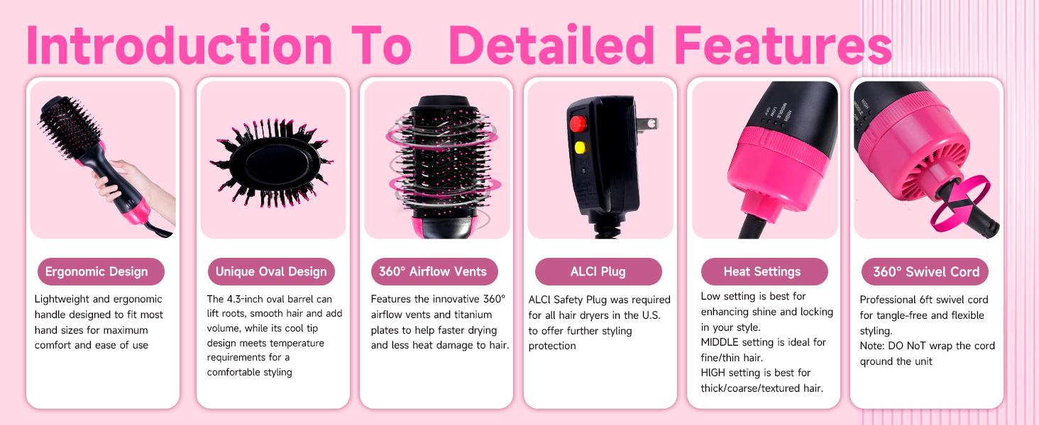 4-in-1 Hair Dryer Brush - Ionic Ceramic Titanium Brush Blow Dryer Hot Air Styler for Frizz-Free Blowouts, Salon Volumizer & Straightener with ALCI Safety Plug, 3 Heat Settings