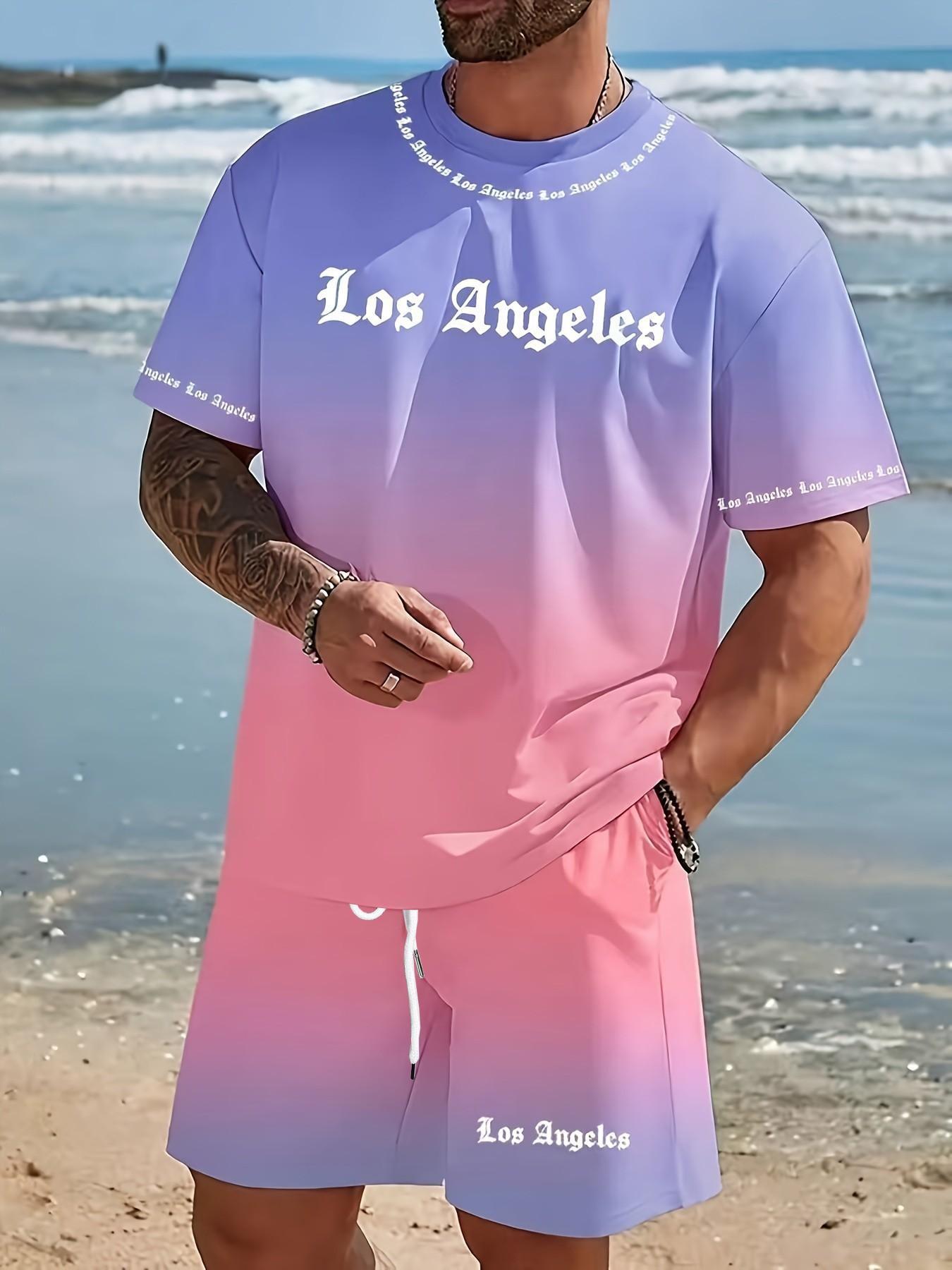 Men's Summer Set, Round Neck Short Sleeve T-Shirt + Elastic Waist Shorts, Los Angeles Print Gradient, Breathable Fabric, Outdoor & Party Wear
