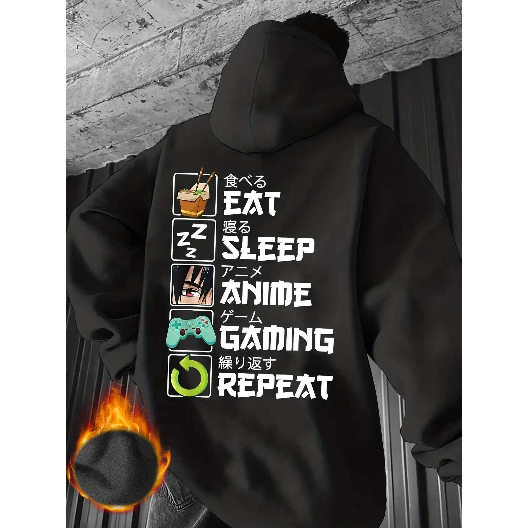 Eat Sleep Anime Gaming Repeat Back‑Print Graphic Hoodie Japanese Kanji Otaku Gamer Nerd Culture Pullover Sweatshirt Oversized Loose‑fit Black Long‑sleeve Hooded Top Anime Game Fan Casual Street‑wear Outerwear
