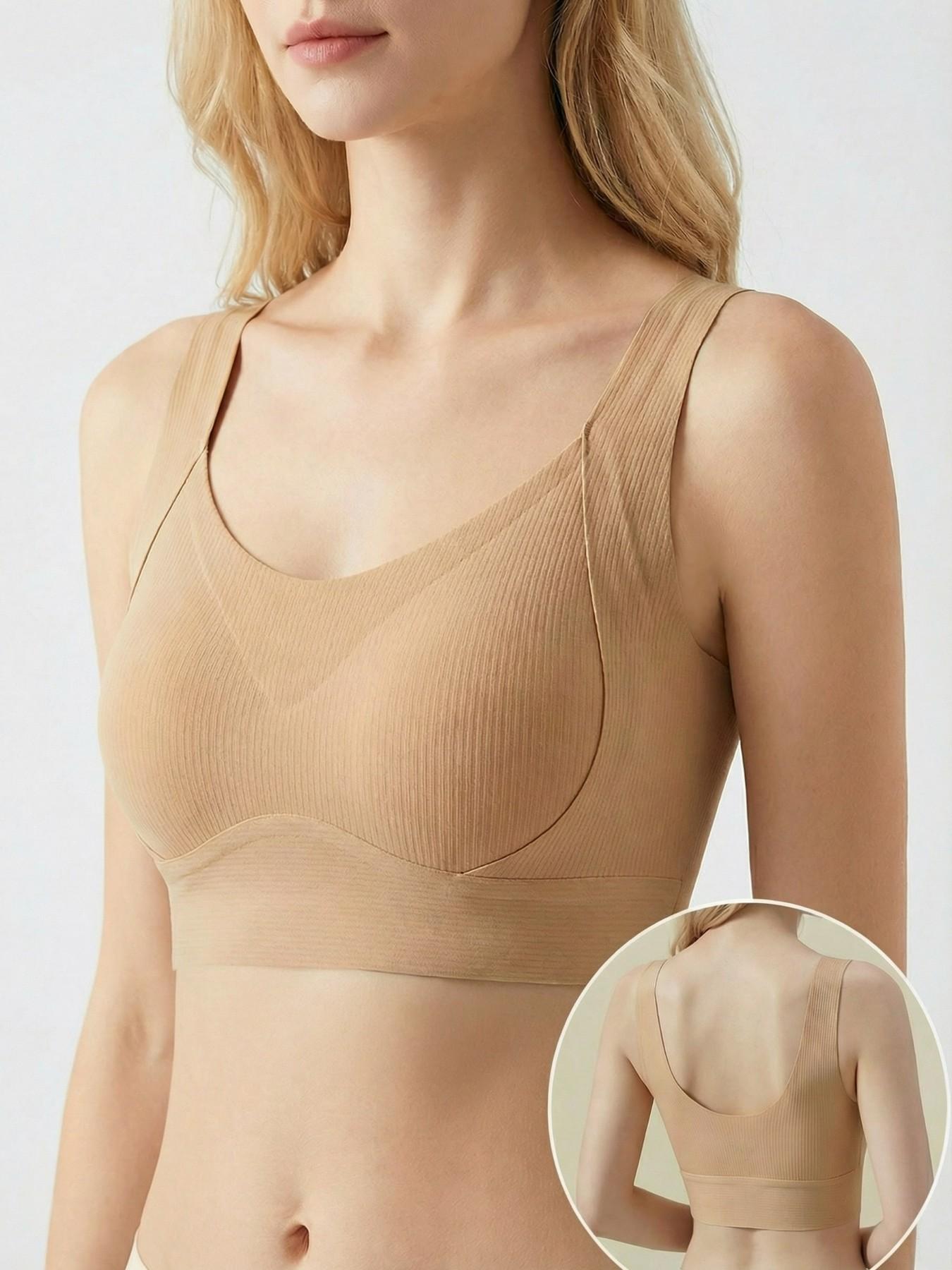 Ribbed Wirefree Bra, Push Up & Anti-Sagging, Wide Strap Backless Camisole Bralette, Minimizer for Large Bust, Side Support for Back Fat, Sports & Sleep Bra, Naked-Feel Breathable Skin-Friendly Layering Top