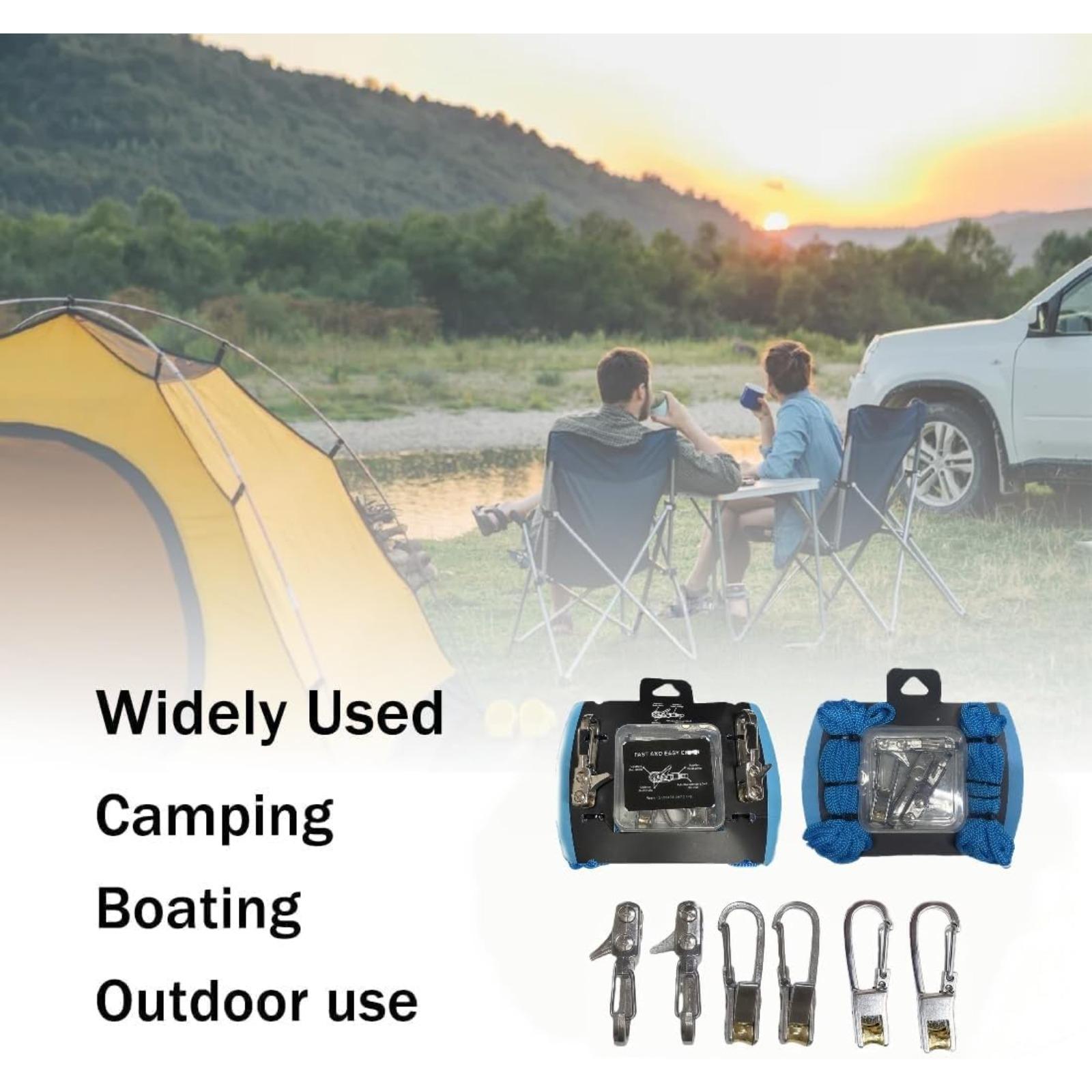 Rope with Roller Tensioner for Easy and Safe Bundling, 6-piece Rope Adjuster, Camping and Boating Tie-down Tool with Locking Buckle