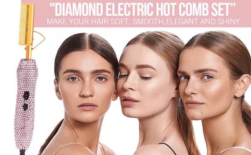 Diamond Electric Hot Comb Hair Straightener Hair Curler Curling Comb for Natural Hair Wigs Anti-Scald Case Adjustable Heat Multifunctional Styler