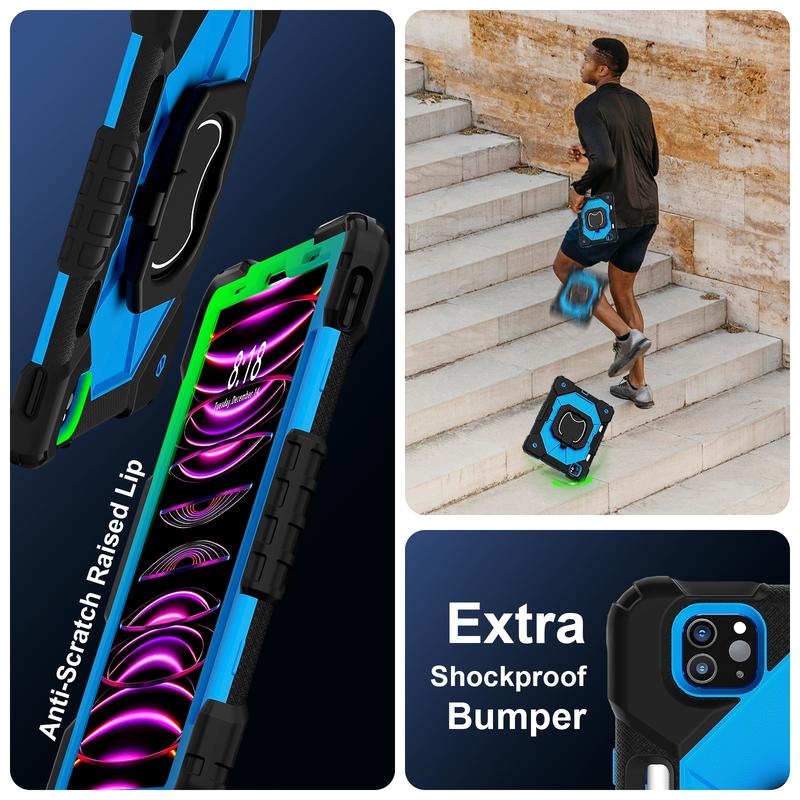 Military-Grade Shockproof Case for iPad (A16) 11th 2025 11" , Compatible with iPad Pro M5 2025 13-inch/ iPad Air / iPad Mini - Rotating Stand with Screen Protector, Pencil Holder & Shoulder Strap - Heavy Duty Drop-Proof Cover - Black+Blue Tablet Casing