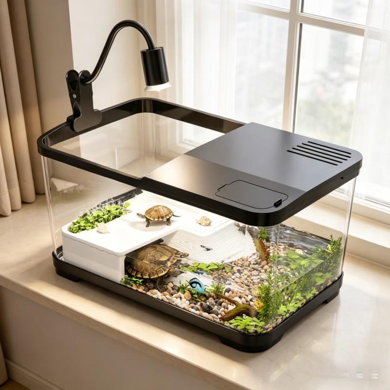 Eco Turtle Tank with Sun Deck, Home Use No Water Change, Villa Landscape Tank, Brazilian Turtle Grass Turtle Special Feeding Box, Aquatic Terrestrial Turtle Tank Fish Tank Combo, Terrarium
