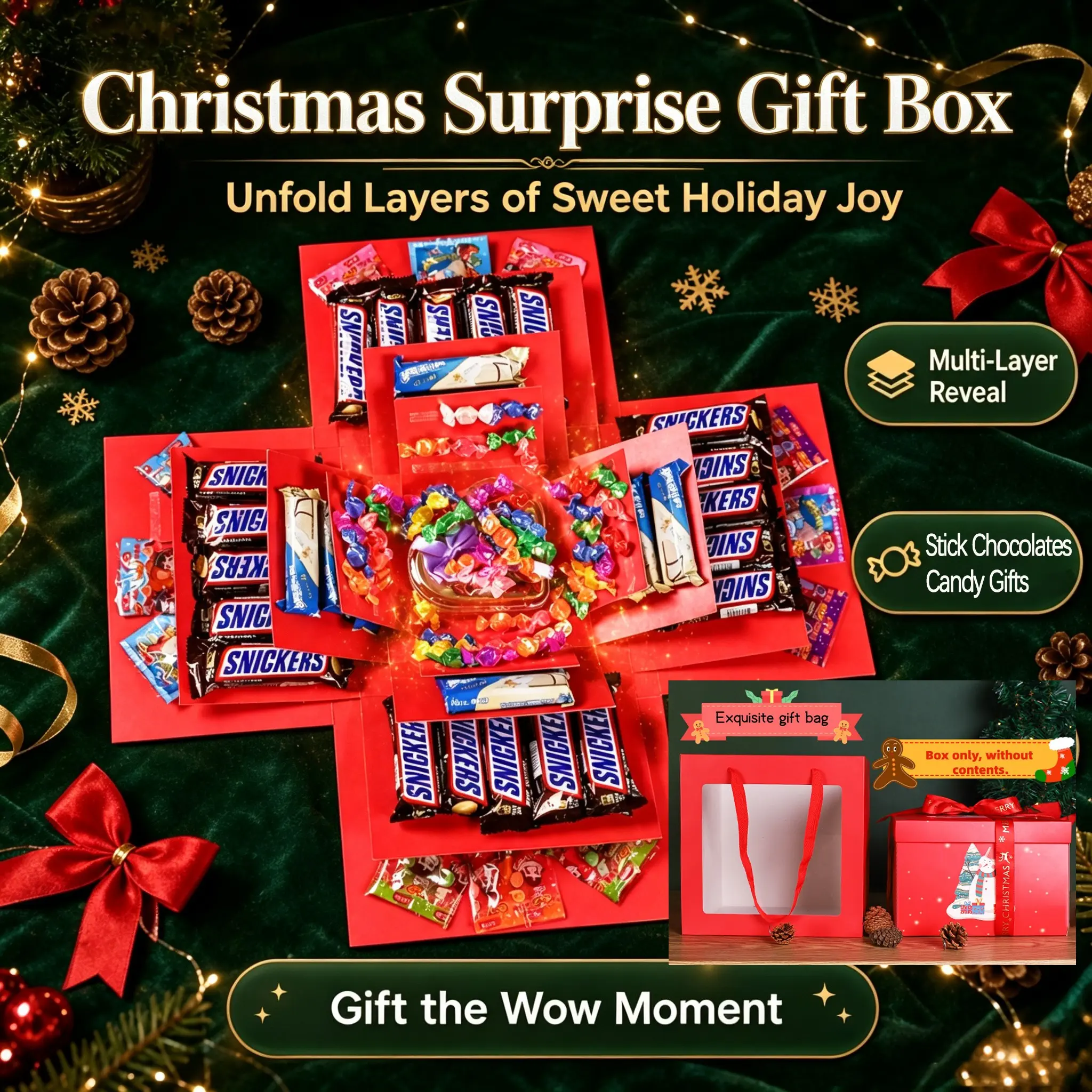 Multi-Layer Surprise Explosion Gift Box, with Ribbon and Bag, Ideal for Birthday, Valentine's Day, Christmas, Fun and Durable Design