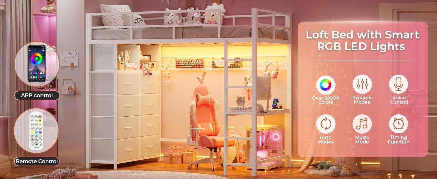 Sikaic Twin Size Loft Bed with Desk and 8 Storage Drawers Metal Loft Bed with LED Lights & Charging Sation, Storage Shelves, 13.1" H Safety Guard & Ladder Bedroom Bedframe Bedroom Furniture