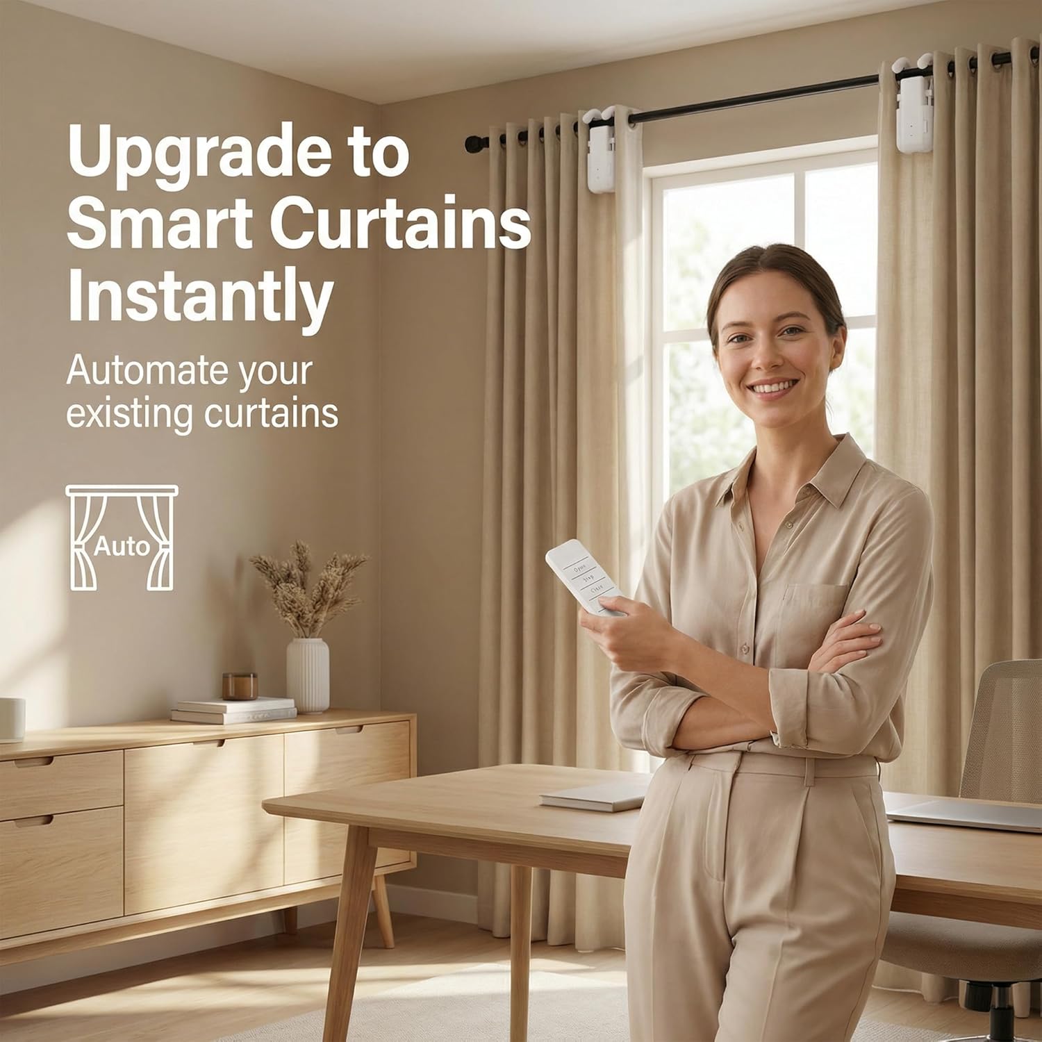 Automatic Curtain Opener : Remote Control   Compatible Roman T U Tracks 25dB Quiet Operation Safety Features for  Office Small Business