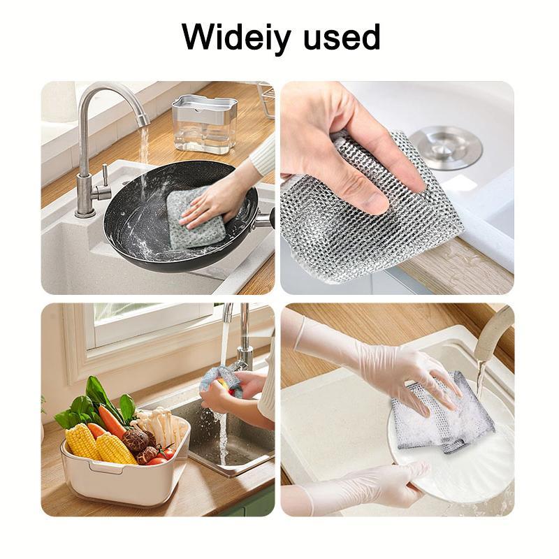 PSOS Multipack Multipurpose Non-Scratch Wire Dishcloths 5Pcs Silver 2-Layer Reusable Dishwashing Rags for Wet & Dry Use Sinks Pans Dishes Fathersdaygift Set
