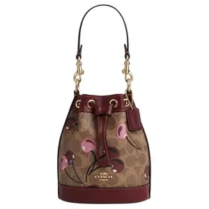Coach Cherry Print Faux Leather Bucket Bag for Women – Tan and Multicolor