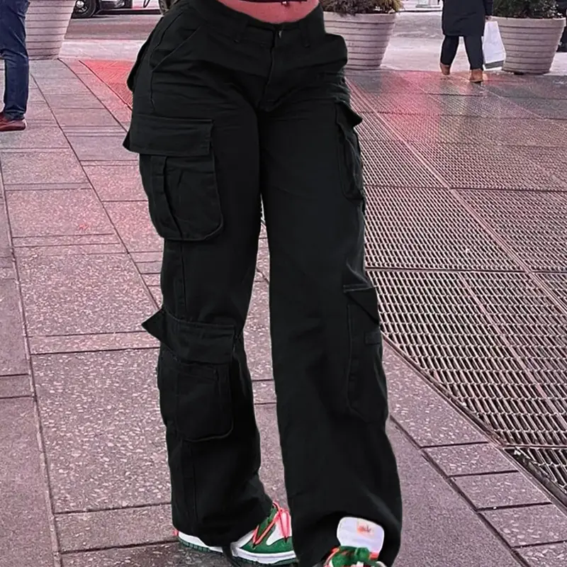 Women's Y2K High-Waisted Cargo Pants, Comfortable Loose Cotton Trousers with Pockets, K-Pop Streetwear Style for Daily Wear