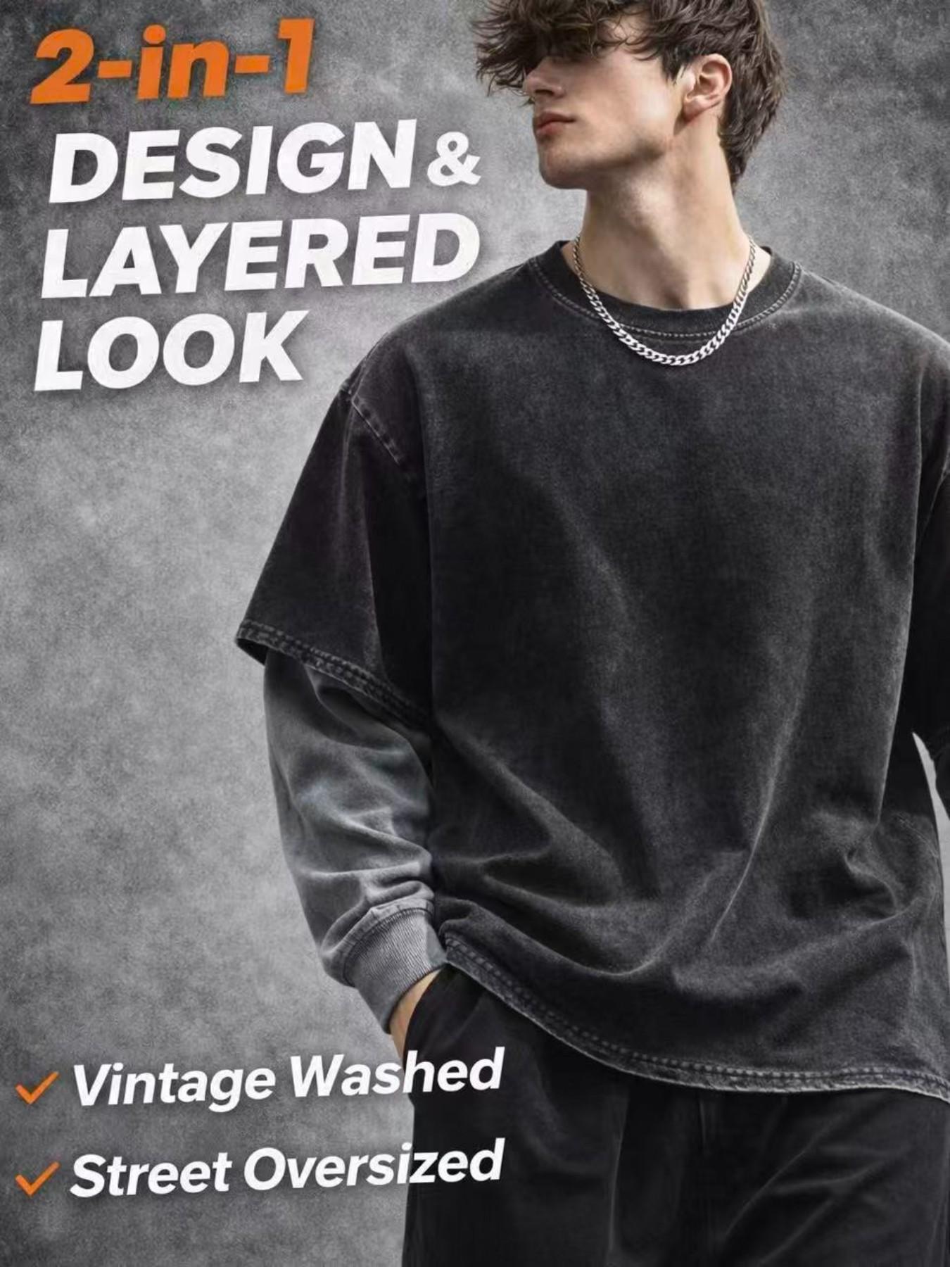 Men’s Fake 2-in-1 Layered T-Shirt | Washed Oversized Streetwear Double Layer Tee