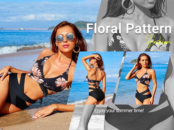 Holipick Two Piece Bikini Sets for Women High Waisted Bikini Push Up Swimsuit Halter Wrap Criss Cross Bathing Suit Triangle Bikini Top Bandage Tie Front Swimsuit with V Cut Bikini Bottoms Twist Front Bikini Top with Full Coverage Bottom