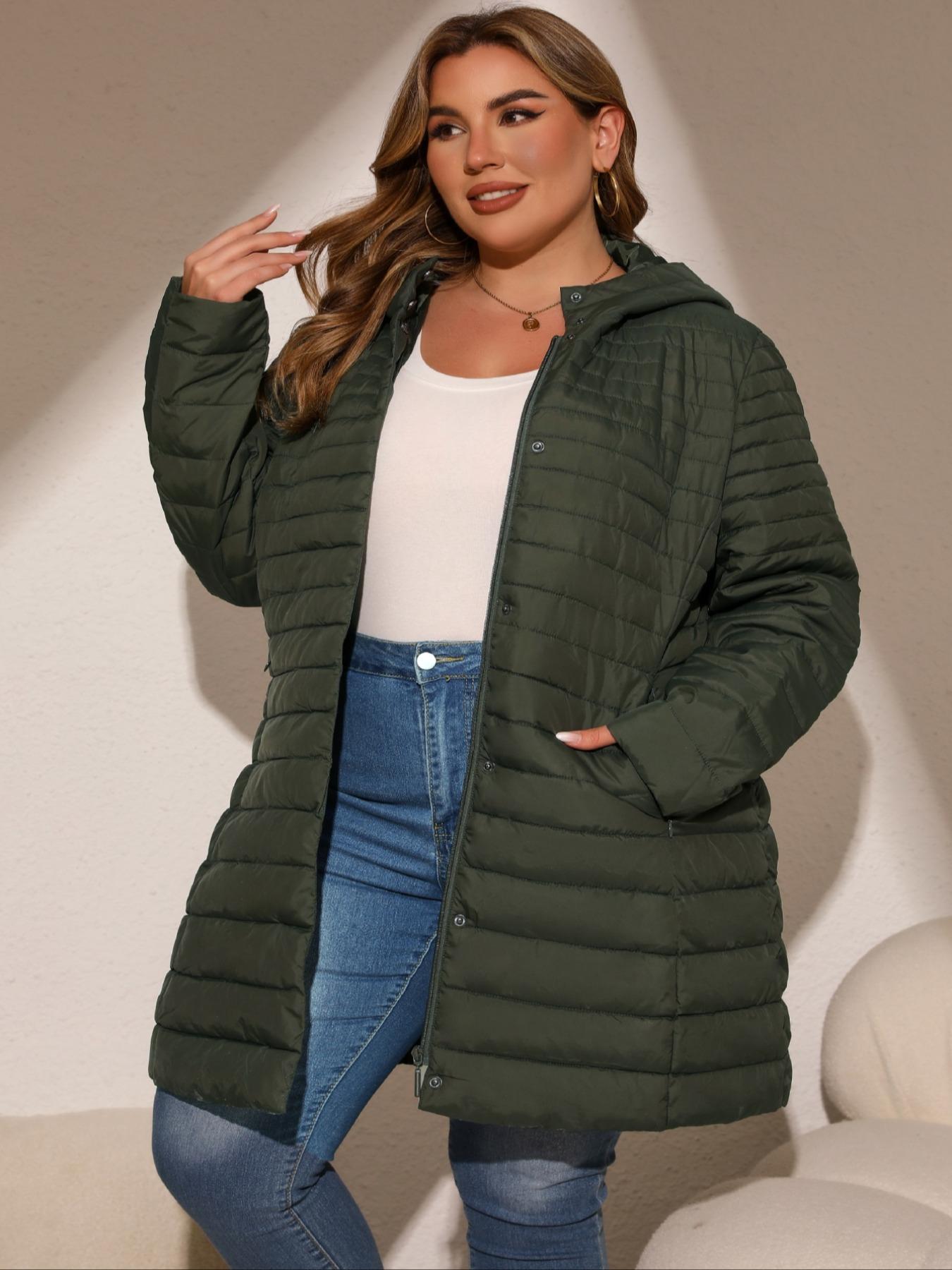 Women's Plus Size Long Puffer Coat for Fall Winter, Warm Hooded Coat with Pockets, Casual Fitted Outerwear, Elegant Commuter Style Clothes