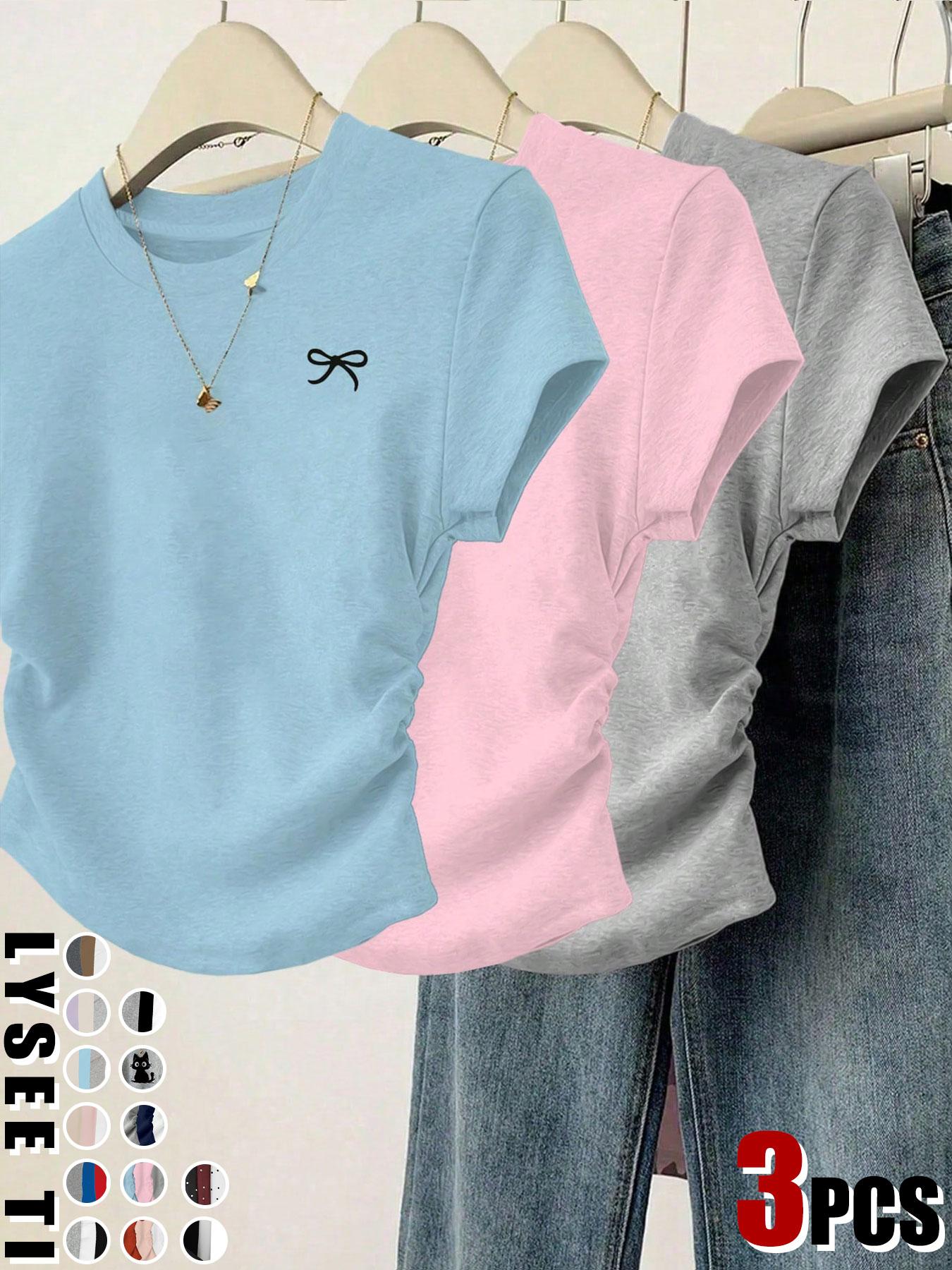 3pcs/1pc women's casual fashion slim fit small bow print details simple solid color pleated pullover shirt women's round neck short sleeved three piece T-shirt