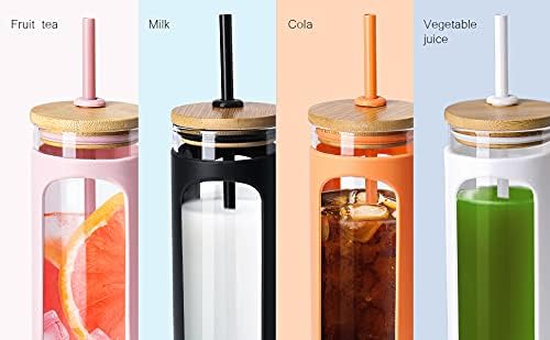 WINSA 20oz Glass Water Tumbler with Straw and Lid, Bamboo Lids Water Bottle, Iced Coffee Cup Reusable, Wide Mouth Smoothie Cups with Protective Silicone Sleeve BPA FREE