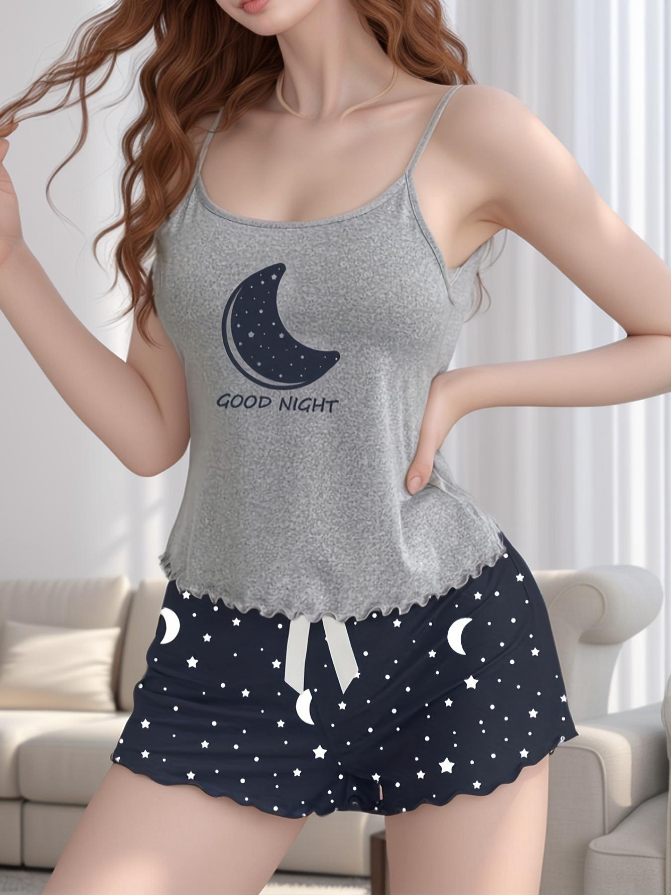 Women's Sexy Sleepwear Set, Moon Star Cami Top & Leopard Print Shorts, Soft Comfortable Lounge Wear, 2-Piece Nightdress