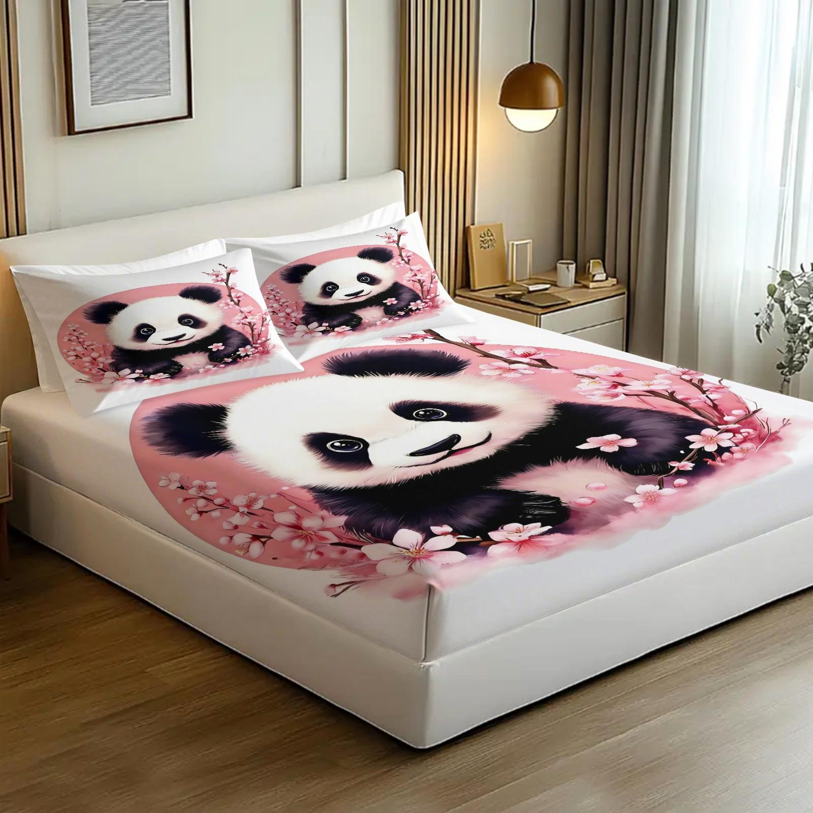 Cute Panda Cherry Blossom Fitted Sheet Set, Watercolor Floral Panda Bedding for Girls, All Season Panda Bedding, Perfect Gift for Panda Lovers