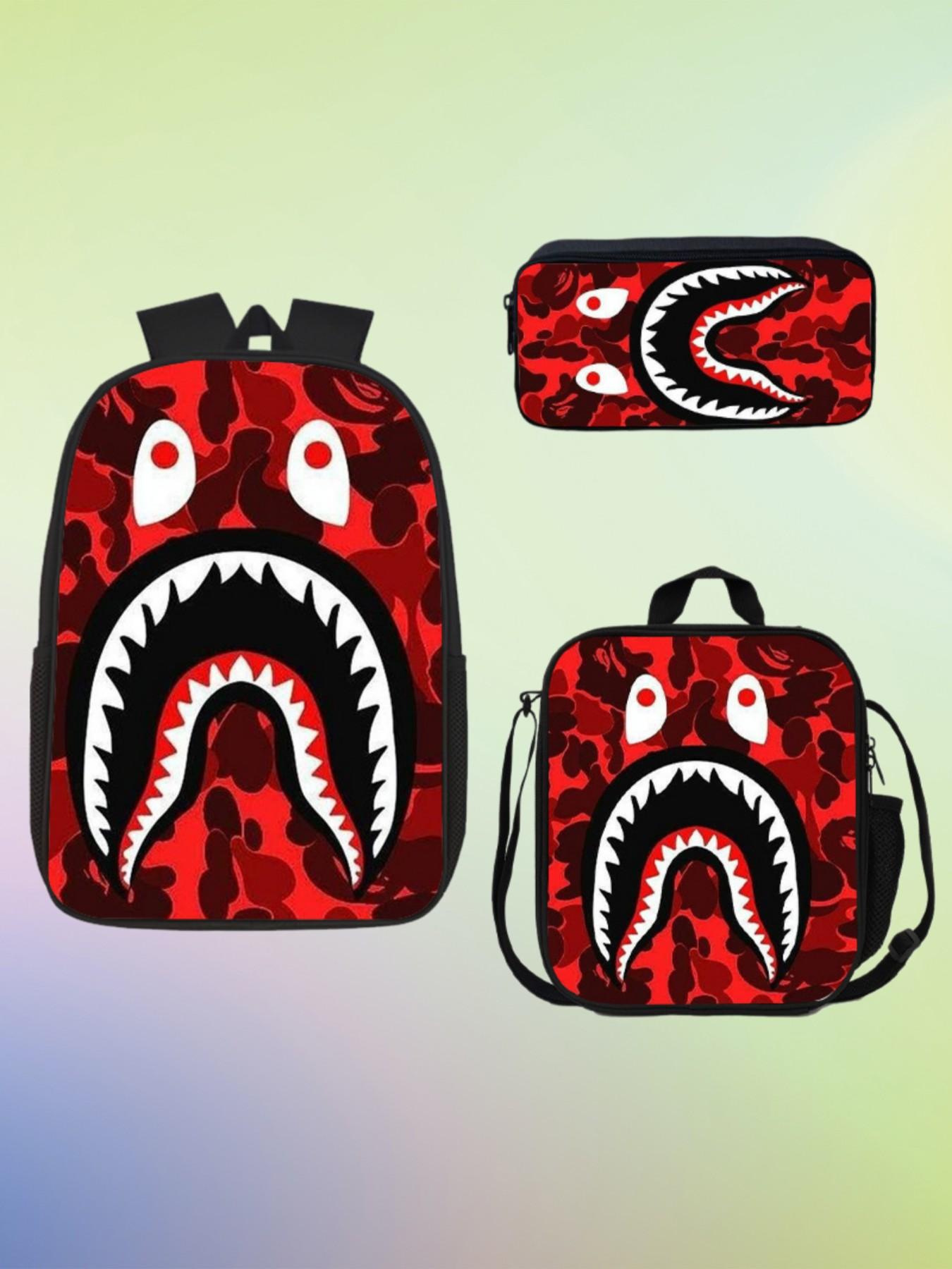 Shark Mouth Three-Piece Backpack Set, Camouflage Student Shoulder Bag Set, Large Capacity School Backpack for Boys and Girls