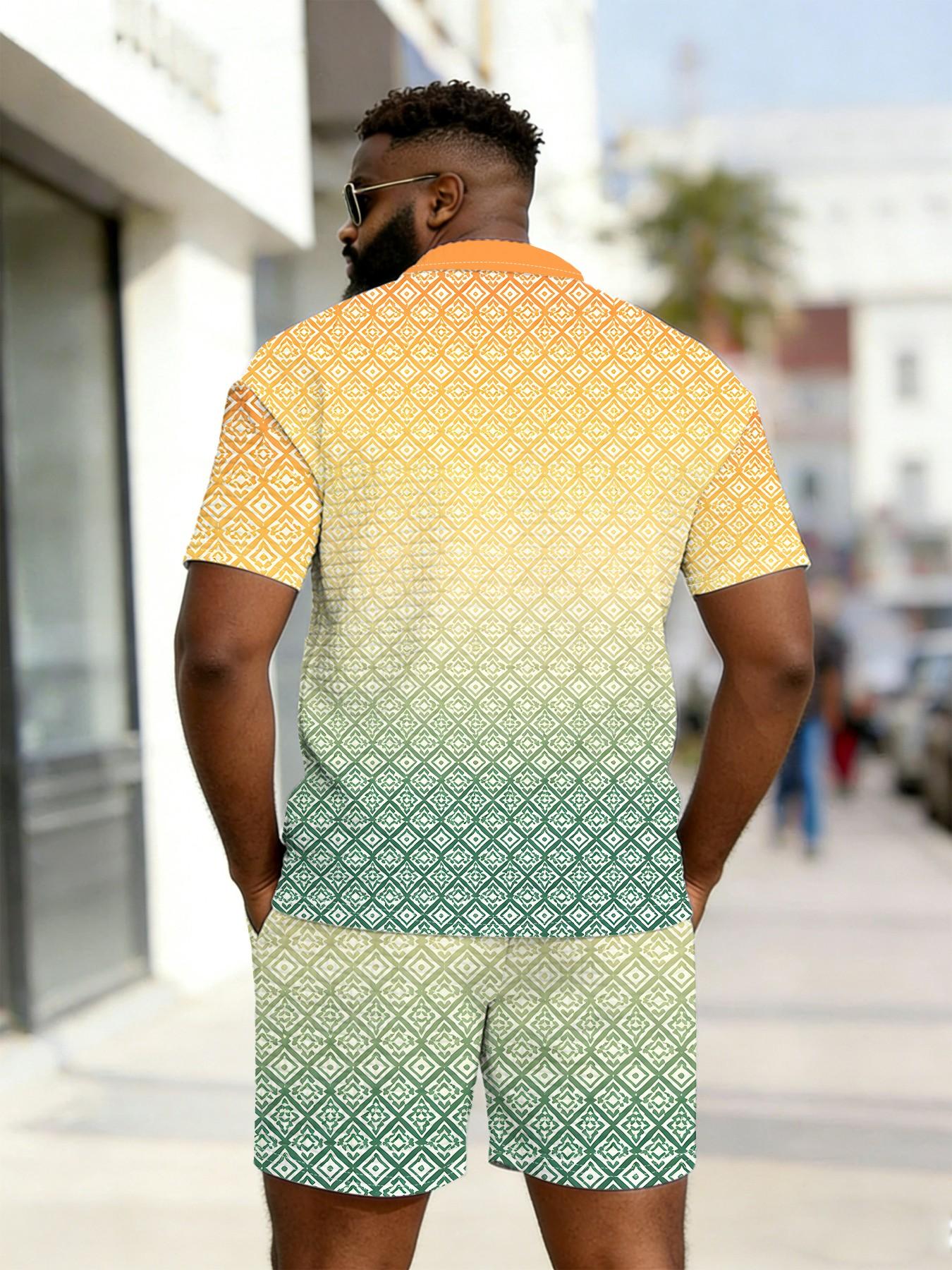 Men's Gradient Plaid Waffle Texture Polo Set, Large Size Zipper Top, Summer Colorblock Casual Daily Wear Two-Piece Set