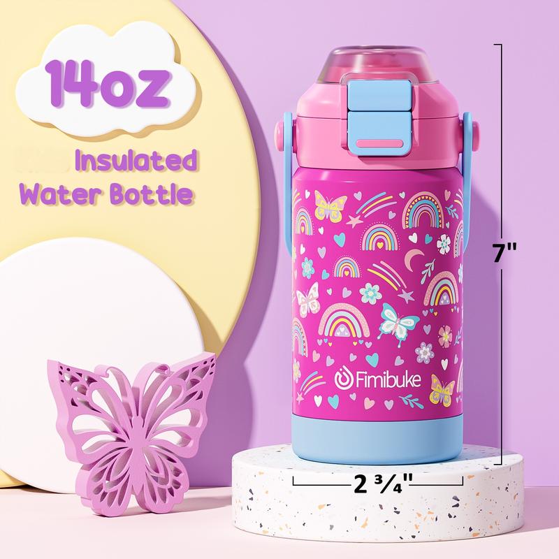 Product Introduction of Fimibuke BPA-Free Insulated Water Bottle, 14/18oz Leak Proof 18/8 Stainless Steel Vacuum Tumbler with Pop-Open Straw & Spout 2-in-1 Lid, Travel and School Cup 12