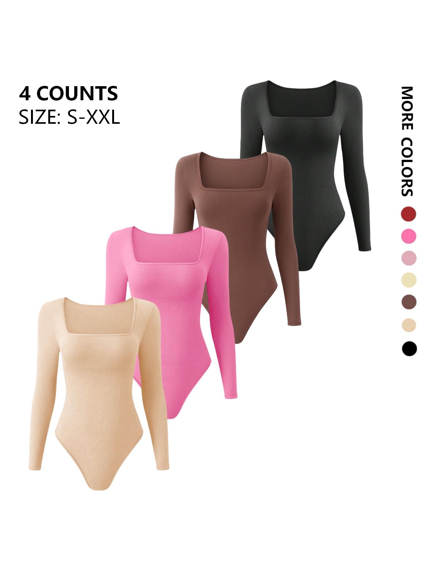 Women's solid knit long sleeve square neck shapewear bodysuit, slim fit, stretchy fabric, tummy control, Tummy Tuck Bodysuit, butt lifting design, comfortable breathable shaping wear, curve enhancer, perfect for daily casual, work, dates, parties