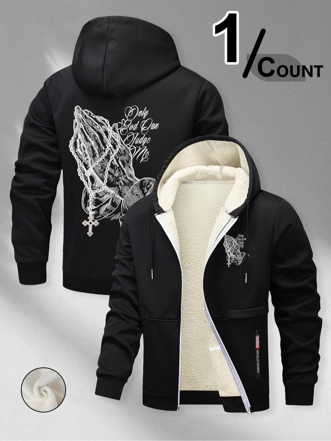 Trendy Religious Hoodie with 'only God Can Judge Me' Print, Casual Fitted Design, Winter Cartoon Pattern, Streetwear Style, Long Sleeve