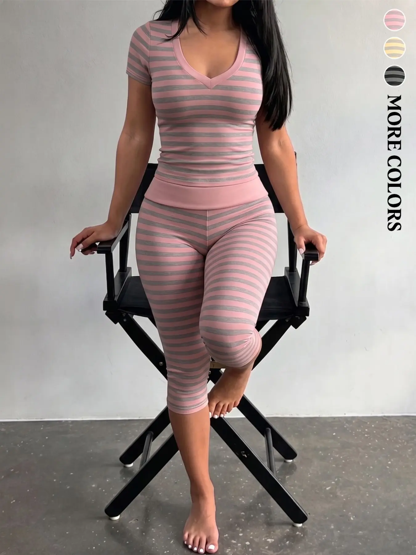 Pink And Gray Striped Two-Piece Loungewear Set, V-Neck Short-Sleeve Fitted Top, High-Waist Cropped Skinny Pants. Stretchy And Form-Fitting Set, Suitable For Relaxing At Home, Working Out, Running Errands, And Comfortable Everyday Wear All Year Round