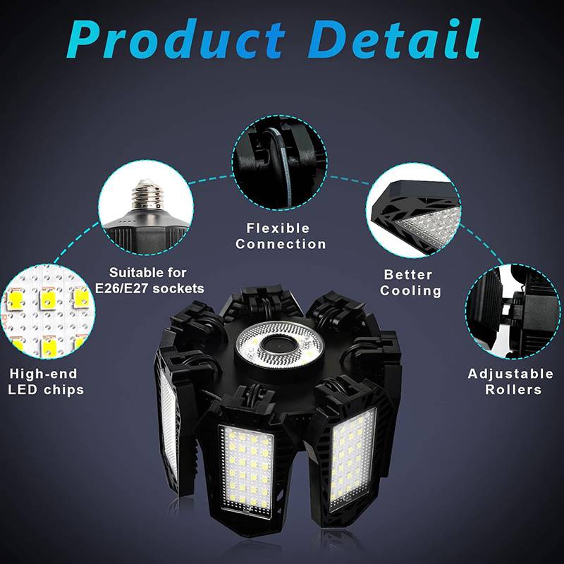 New 7+1LED Garage Light Bulbs, Ultra Bright 6500K Garage Ceiling LED Light, Shop Light with Deformable Panels, E26/E27 Bulb Socket Lighting for Workshop, Warehouse