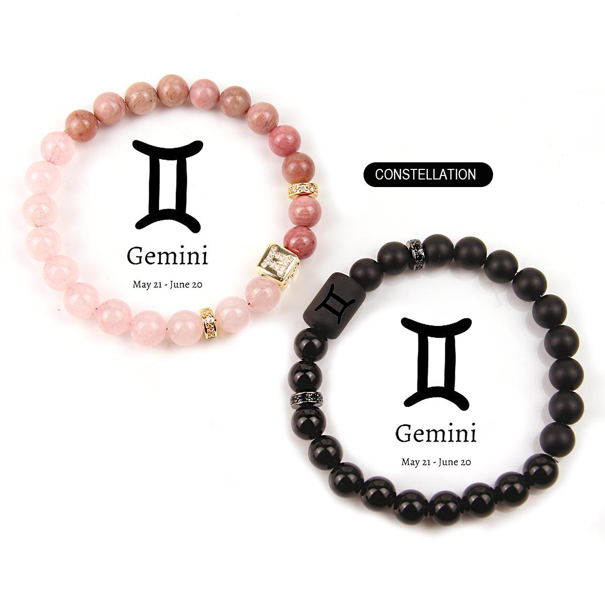 Constellation Design Couple Bracelets Crystal Bead Rose Quartz Rhodonite Black Obsidian Black Onyx Handmade Beaded Zodiac Bracelet Jewelry Gifts for Women Men