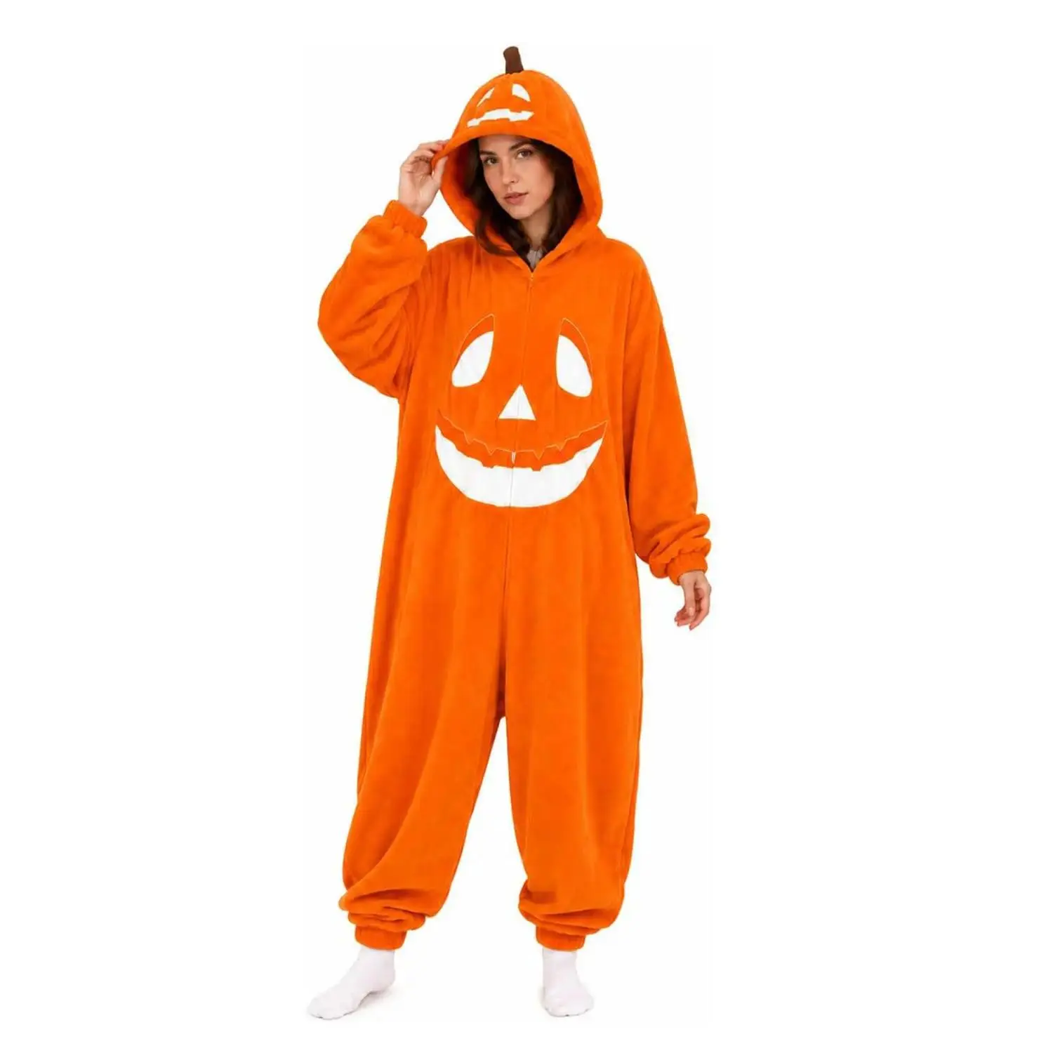 Halloween Adult Pumpkin Jack-O'-Lantern Hooded Onesie Pajamas - Full-Zip Plush Polyester Sugar Fleece, Long Sleeve Full Body Oversized Women's Loungewear Costume Cloak Set, Machine Wash Compatible with Kids' Fashion Costumes & Accessories, Square Neck Tul
